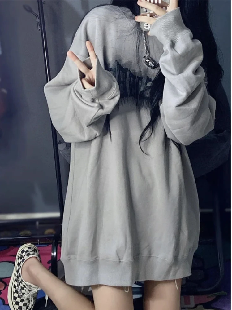 Deeptown Y2K Vintage Letter Print Hoodies Women Harajuku Grunge Graphic Sweatshirts Loose Casual O-neck All-match Pullover Tops