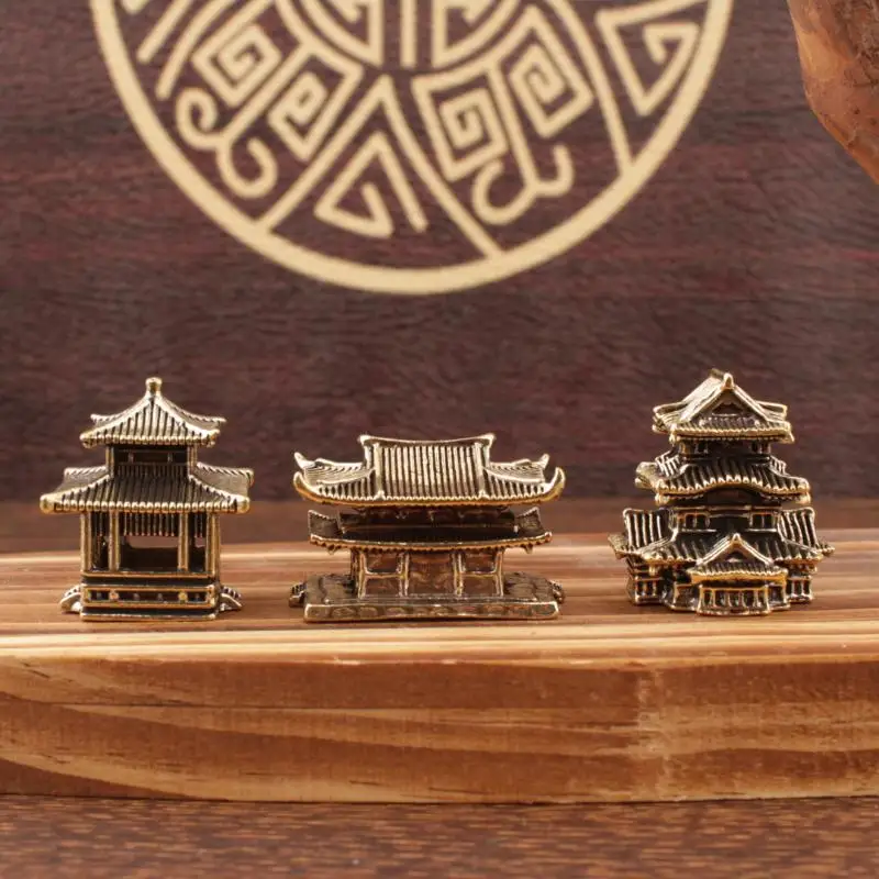 Chinese Ancient Pavilion Brass Figurines Miniature Architecture Home Decor Fairy Garden Fish Tank Ornament