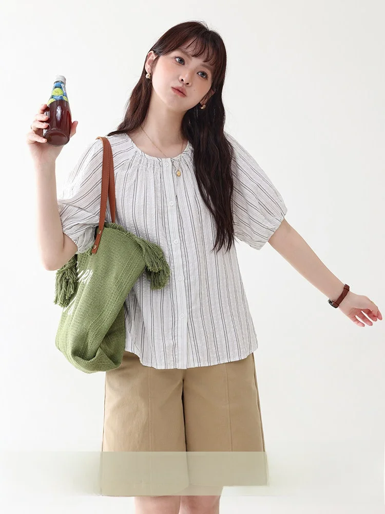 

Женская хлопковая рубашка AMUU North Island, летняя новинка, свободный крой, с вставками на плечах, в полоску, на одной пуговице, топ