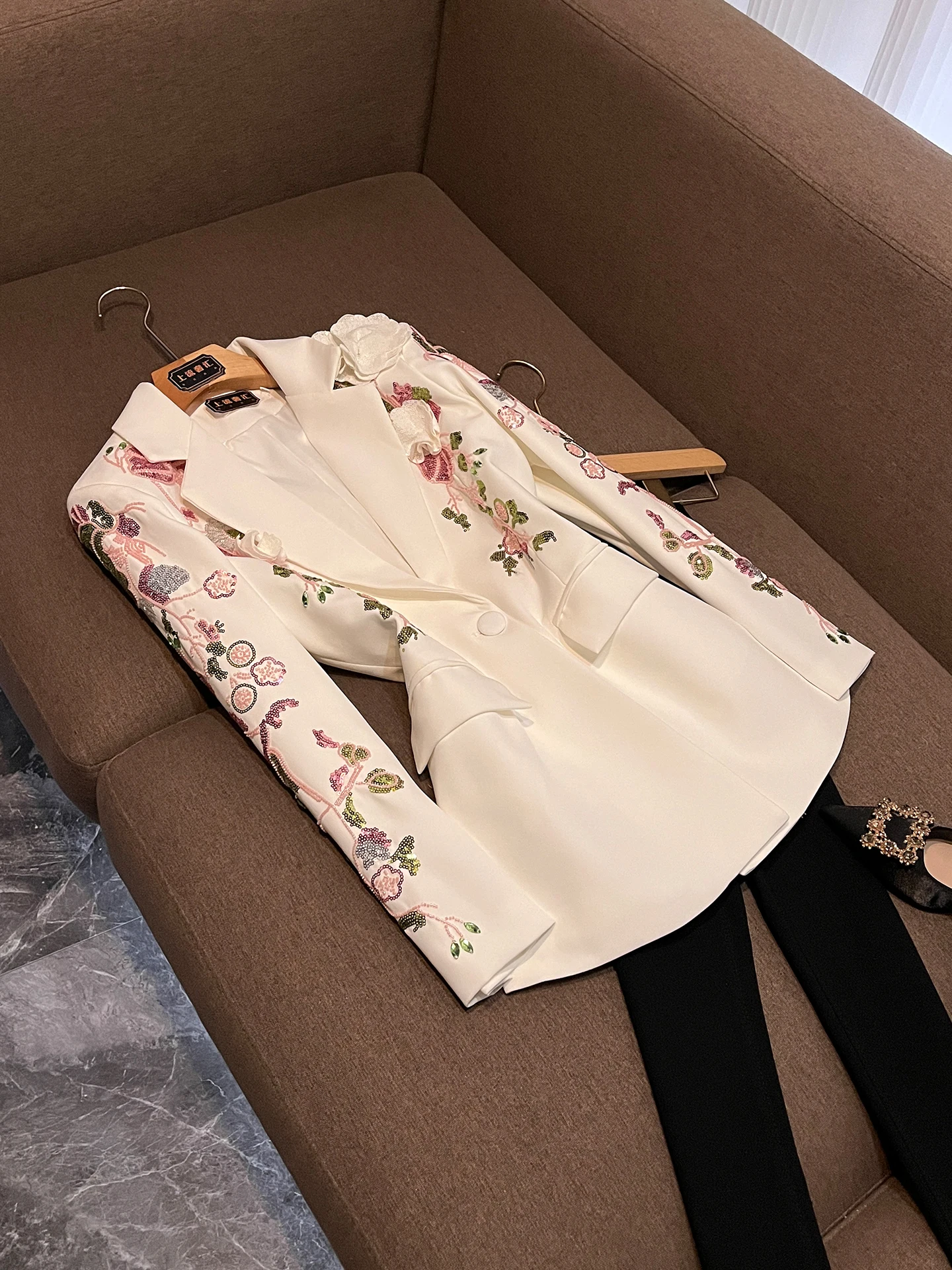 

Ele Embroidered 3D Flower Women's Slim Fit Long Sve Jaet Commute Sle Versatile Outerwear Casual Daily Faion