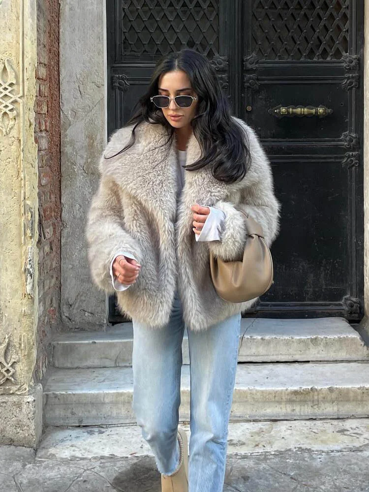 DUOPERI Women Fashion Winter Solid Thick Warm Faux Fur Coat Lapel Collar Long Sleeves Female Chic Lady Casual Outfits