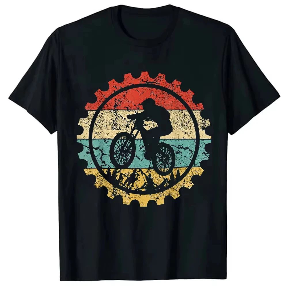 Retro Sunset Mountain Bike Print T-shirt Men Cycling Short Sleeve Trendy Pure Cotton Loose Casual Streetwear Top
