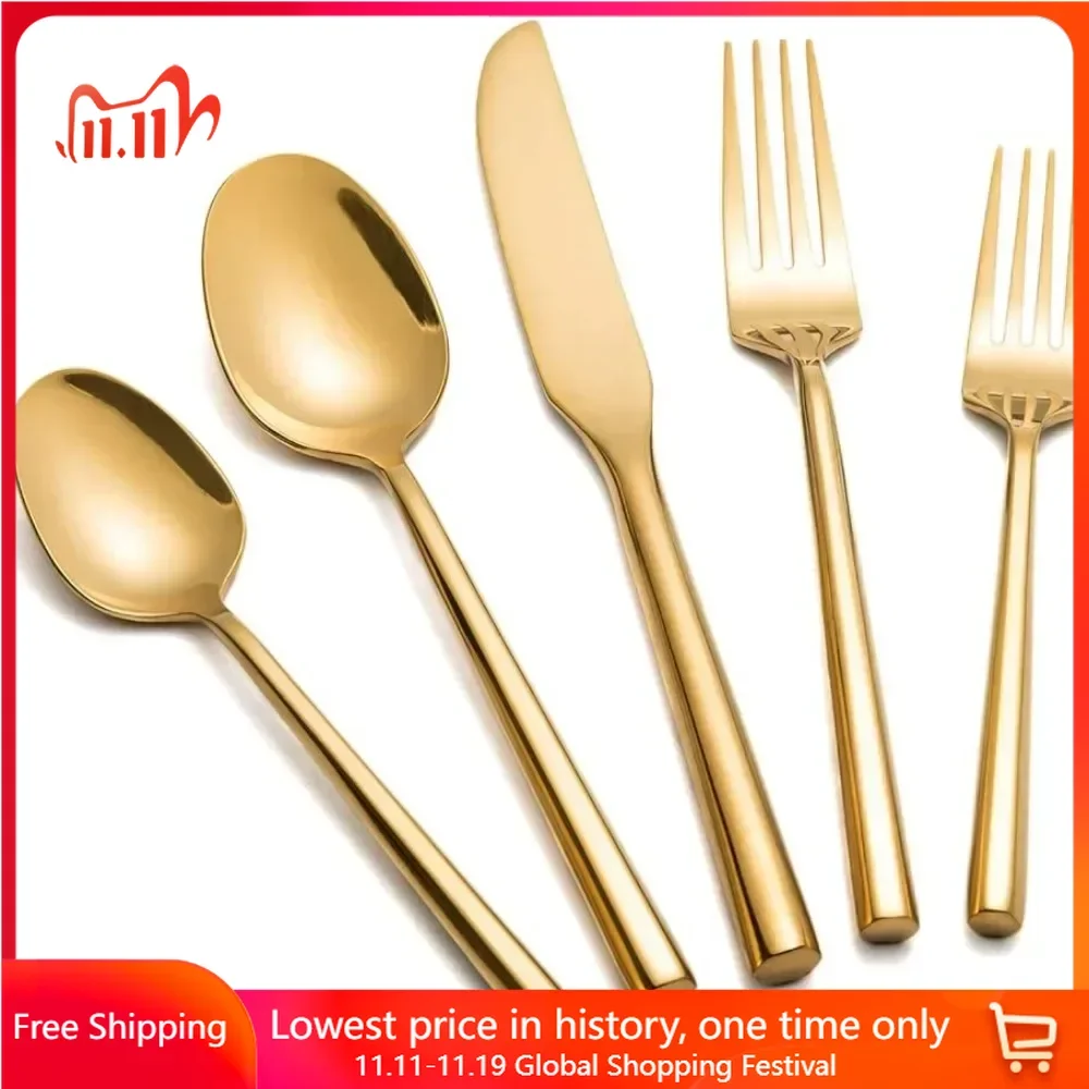 Gold Silverware Set Flatware Set Stainless Steel Cutlery Set 40 Pieces Hexagon Handle Home Kitchen Daily Use Service for 8 Spoon