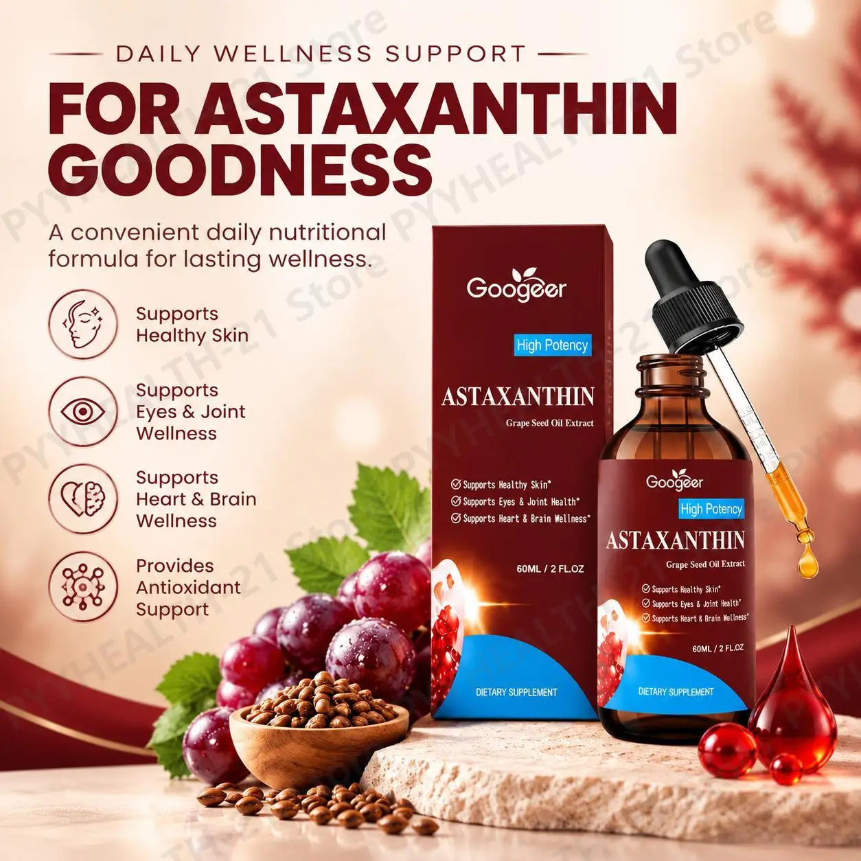 Astaxanthin Grape Seed Oil Extract Drops Promote Skin Glow & Eye Care Anti-aging & Joint Comfort 60ml for Eye Fatigue Dry Focus