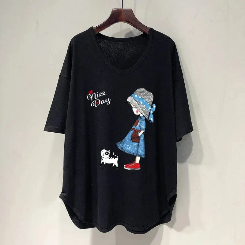 Plus Size 5XL 150KG Summer Women O Neck Cartoon t shirt Short Sleeve T-Shirt Loose Tee Casual Loose Big Tops