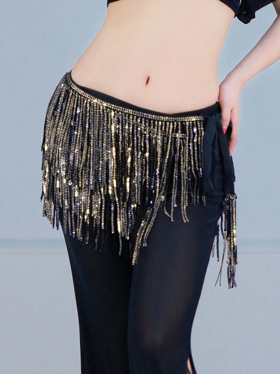 Хип-шарф для танца живота, пояс с кисточками и блестками, пояс-цепочка для женщин, 4 слоя, 225 см, реквизит для выступлений на сцене, аксессуары, наряд