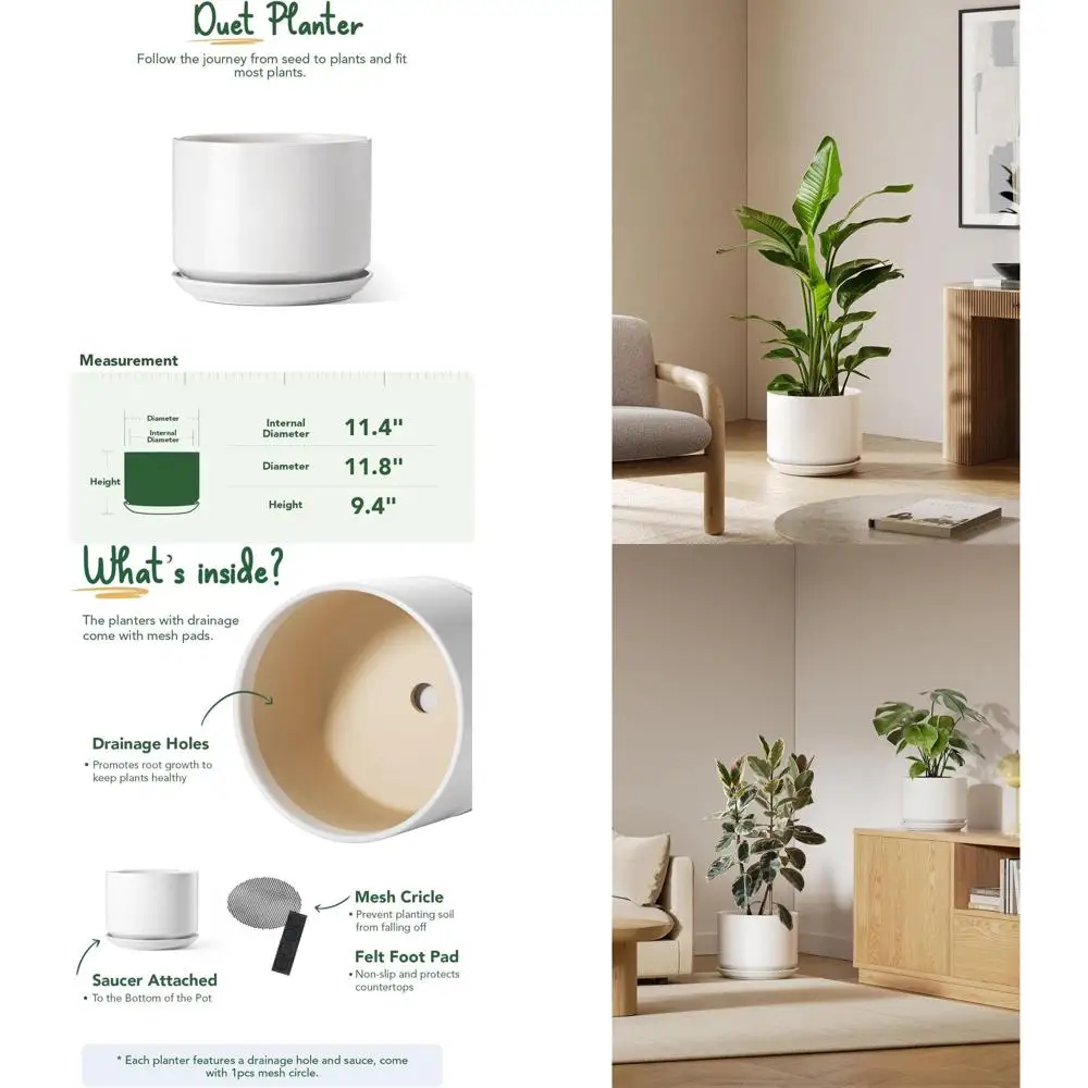 

Декоративные цветочные горшки 12 дюймов с дренажем и поддонами, стильные белые большие кашпо для дома и офиса