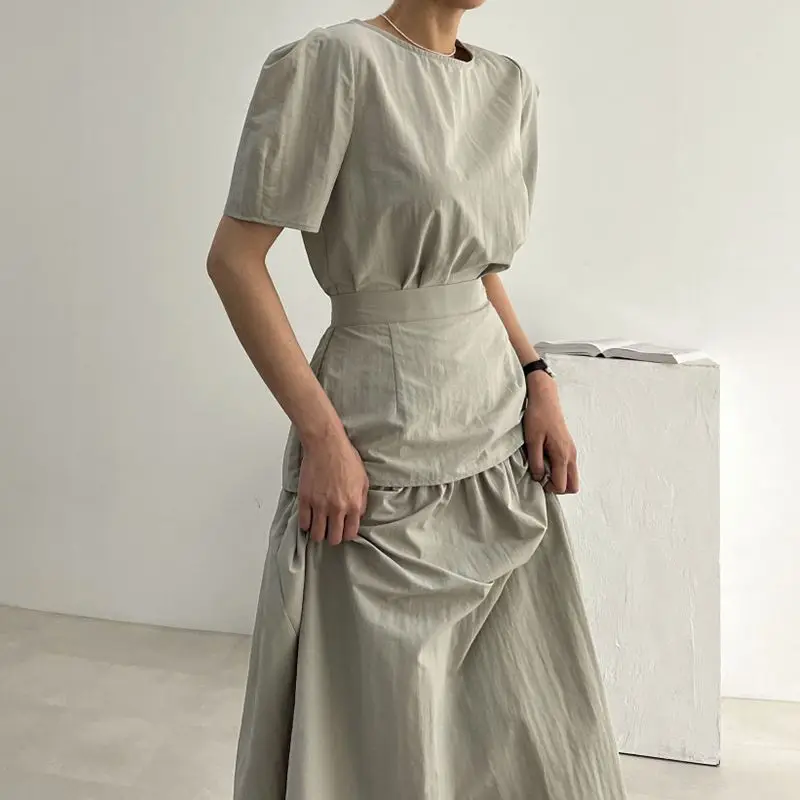 Summer French Simple Round Neck Solid Color Puff Sleeve Shirt High Waist Slim Big Swing Skirt Trendy Suit