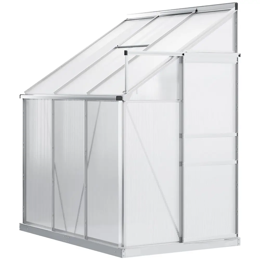 

6 x 4 Aluminum Leanto Greenhouse Polycarbonate Walkin Garden Greenhouse with Adjustable Roof Vent, Rain Gutter and Sliding Door