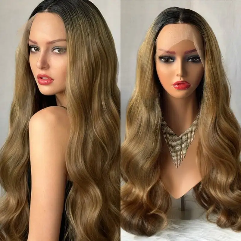

Синтетический парик 13x4 Ombre Caramel Brown с HD-кружевом, длинный, с эффектом волны, невидимое прозрачное кружево, естественная линия роста волос, предварительно выщипанная