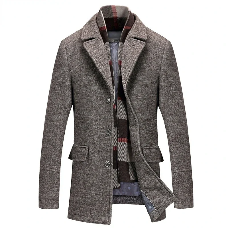 

2023 Men Wool Jacket Casual Woolen Trench Coat Slim Outwear Warm Garment with Removable Scarf M-5XL