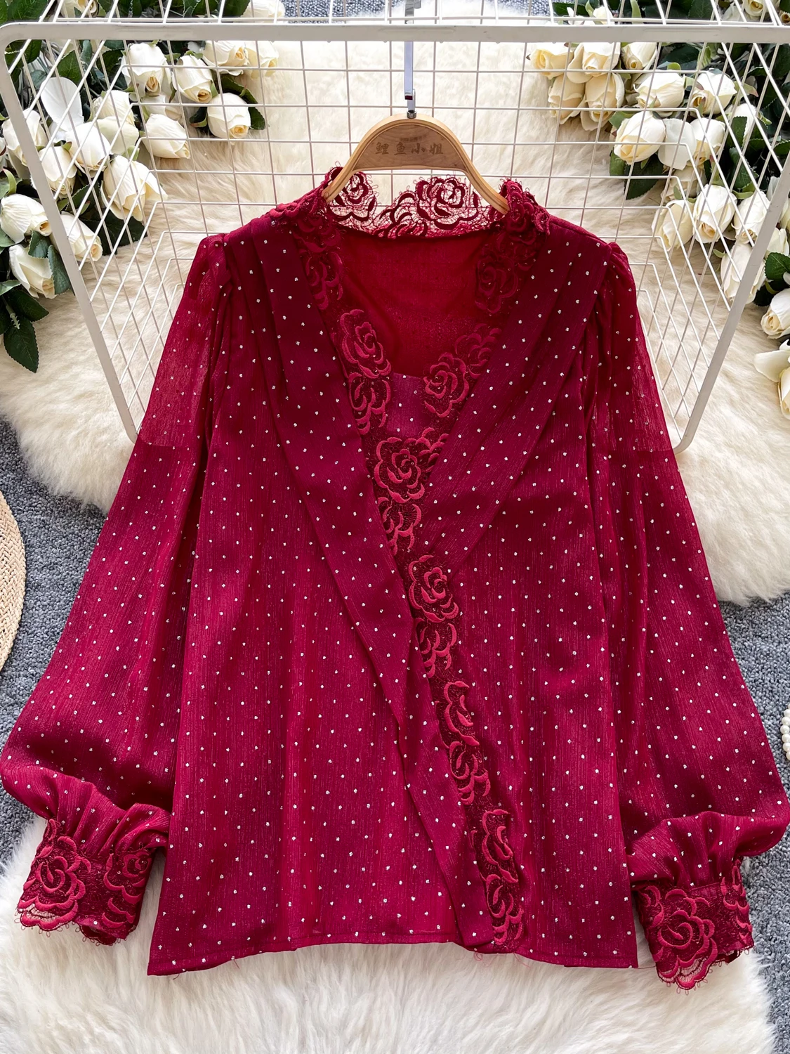 

2026 New Autumn Women Vintage V-neck Lantern Sleeve Shirt Embroidered Lace Asymmetrical Patchwork Polka Dot Shirt Tops