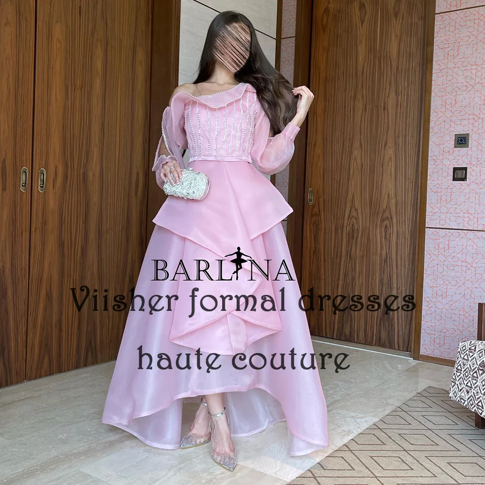 

Pink Organza A Line Evening Dresses for Women Pearls Beads Luxury Arabic Dubai Prom Dress Outfits Floor Length Evening Gowns