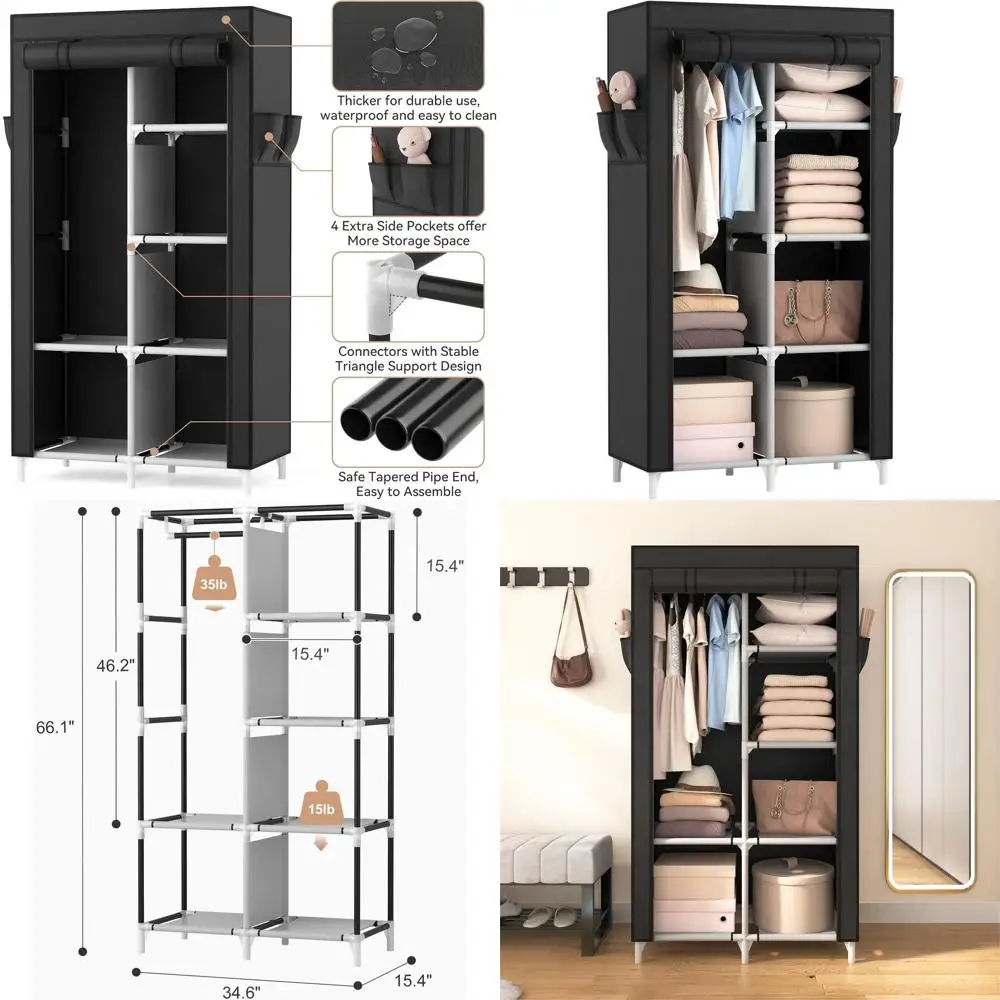 

Напольный подвесной органайзер для гардероба с 6 полками, 1 штангой и 4 карманами для спальни