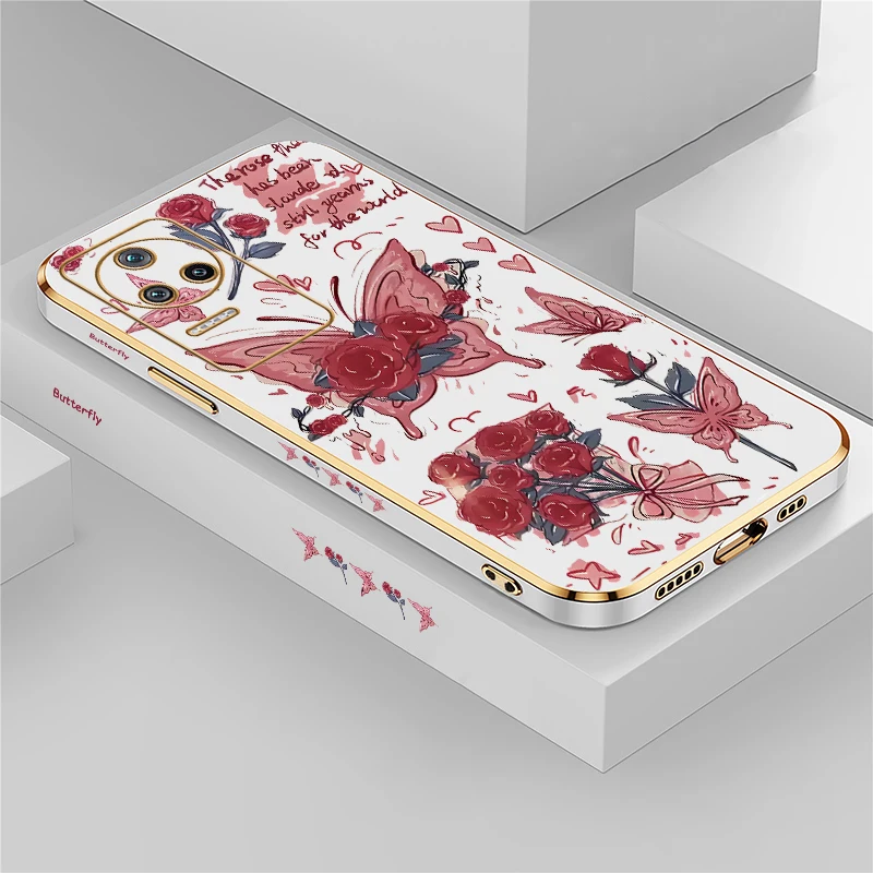 Poco F6 Painting Red Rose Flower Case For Xiaomi Poco F1 F3 GT F4 F5 F6 Pro Soft Red Butterfly Luxury New Plating Phone Cover