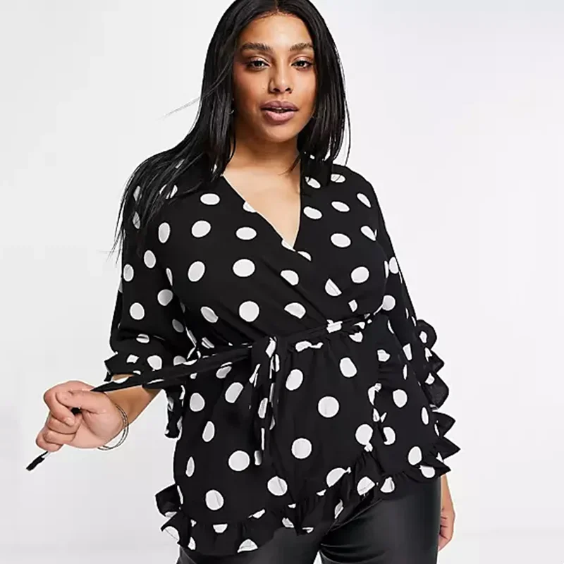 Plus Size Summer Elegant Polka Dot Print Peplum Blouse Tie Waist Half Ruffle Sleeve Sexy V-neck Casual Wrap Top Large Size 7XL