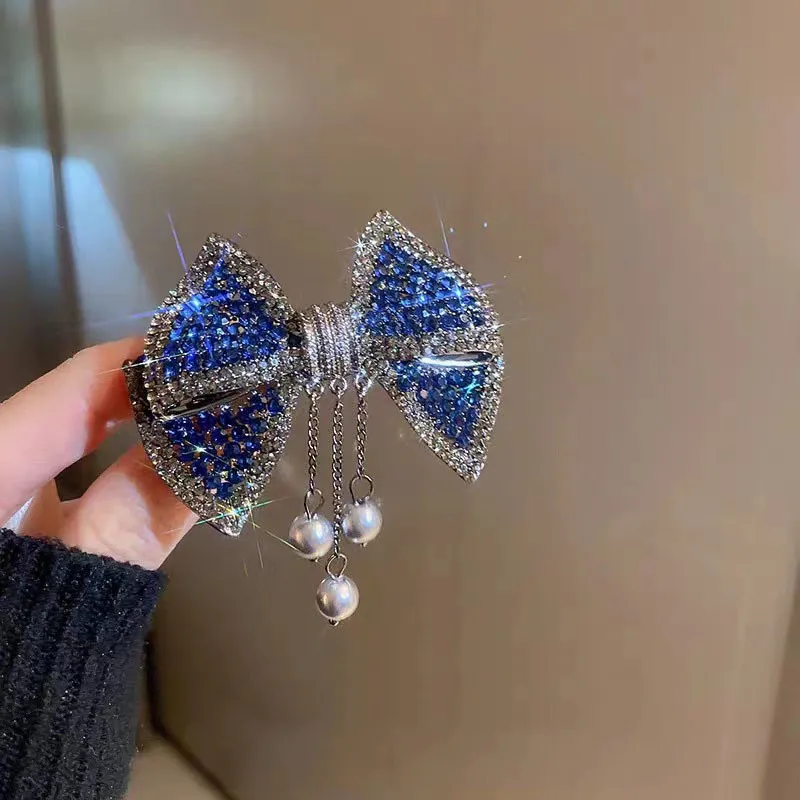 Elegante cabelo pequeno com Tassel design, clipe de primavera feminino, grande pérola strass, grampo de cabelo, acessório de cabelo