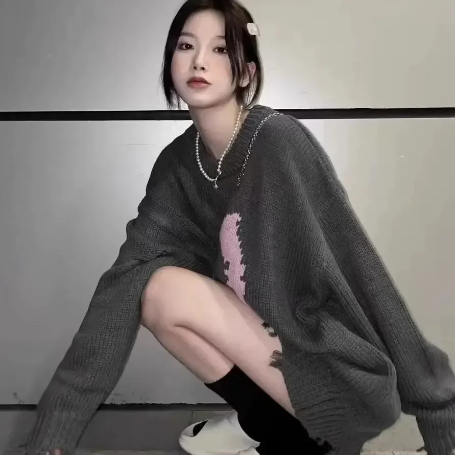 سترات نسائية محبوكة عتيقة بلوفرات دافئة مترهل فضفاضة برقبة مستديرة مطبوعة شعبية كل مباراة مريحة كلاسيكية Ulzzang