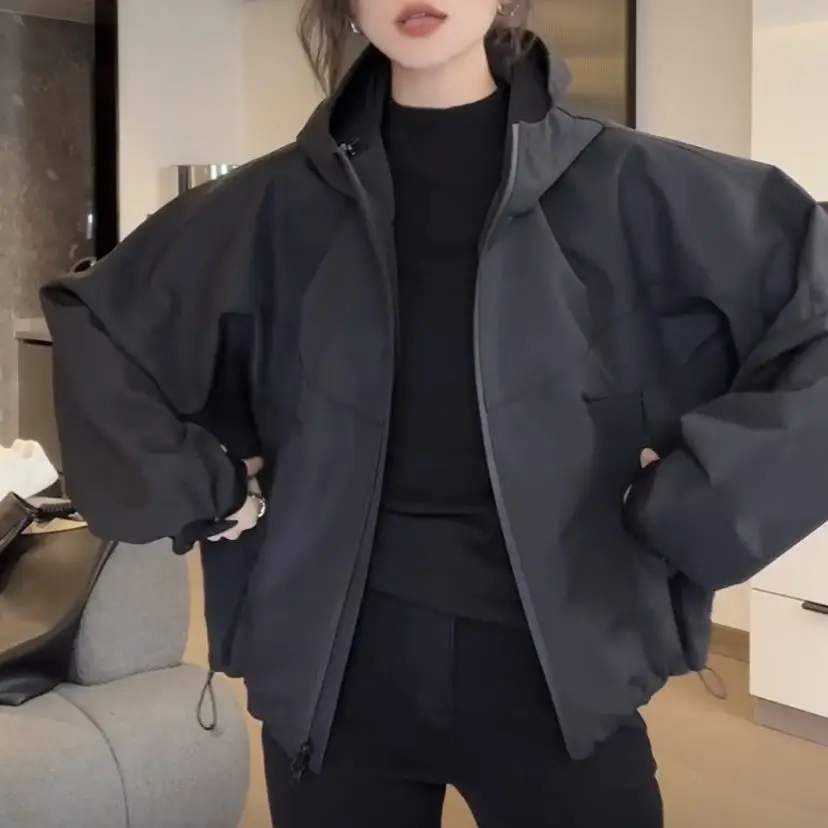 

Black Zipper Hooded Loose Wind Jacket For Women 2025 Spring And Autumn Style Casual Short Coat