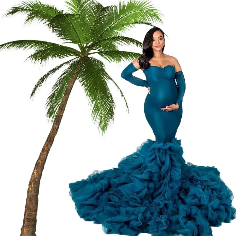 Sky Blue Mermaid Evening Dresses Pregnant Women Maternity Photoshoot Gowns Vestidos Para Embarazadas Платье Для Беременных