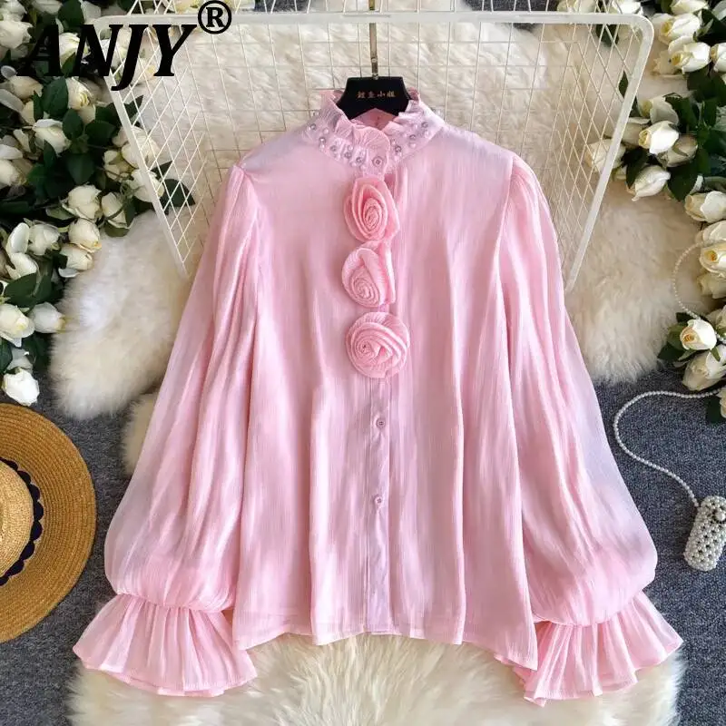 

ANJY Spring Autumn New Women 3D Floral Ins Stand Collar Elegant Puff Sleeves Shirt Trend Embroidered Flares Design Blouse A23542
