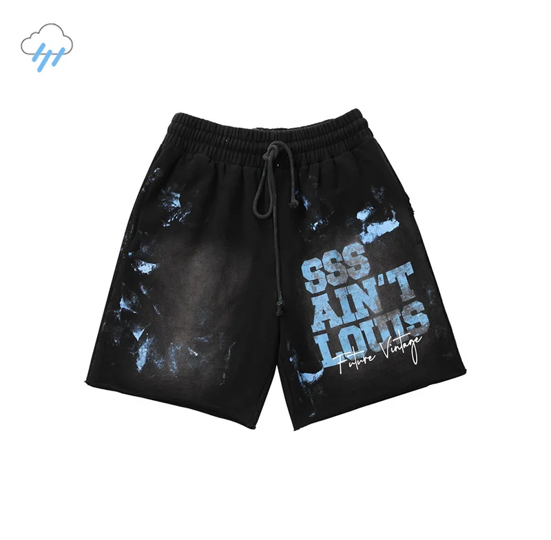 

High Street Drawstring Splash Ink Graffiti Saint Louis Shorts Men Women Top Quality Vintage Washed Black Blue Breeches With Tag