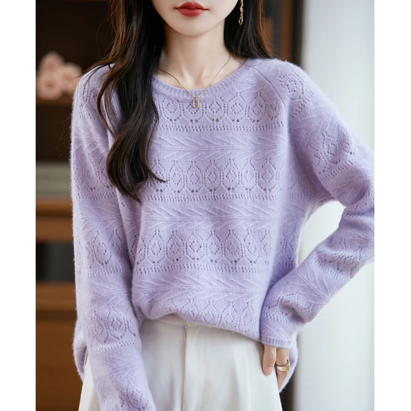 

Весенне-осенний женский свитер из 100% мериносовой шерсти с круглым вырезом, ажурный, с длинным рукавом, повседневный, из чистой шерсти, вязаный топ