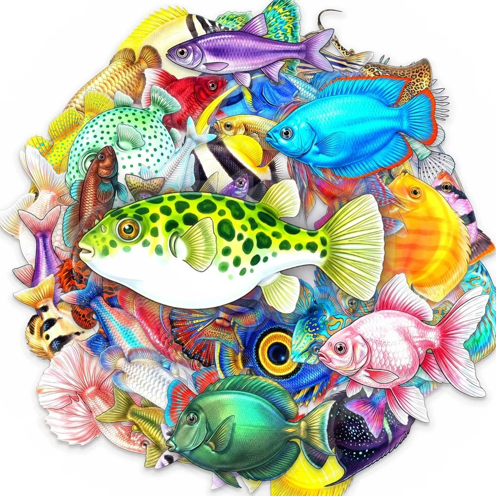 50Pcs Creative Fish Shaped PET Stickers Various Unique Colorful Fish Waterproof Decals For Decor Golden Memory Stickers Store