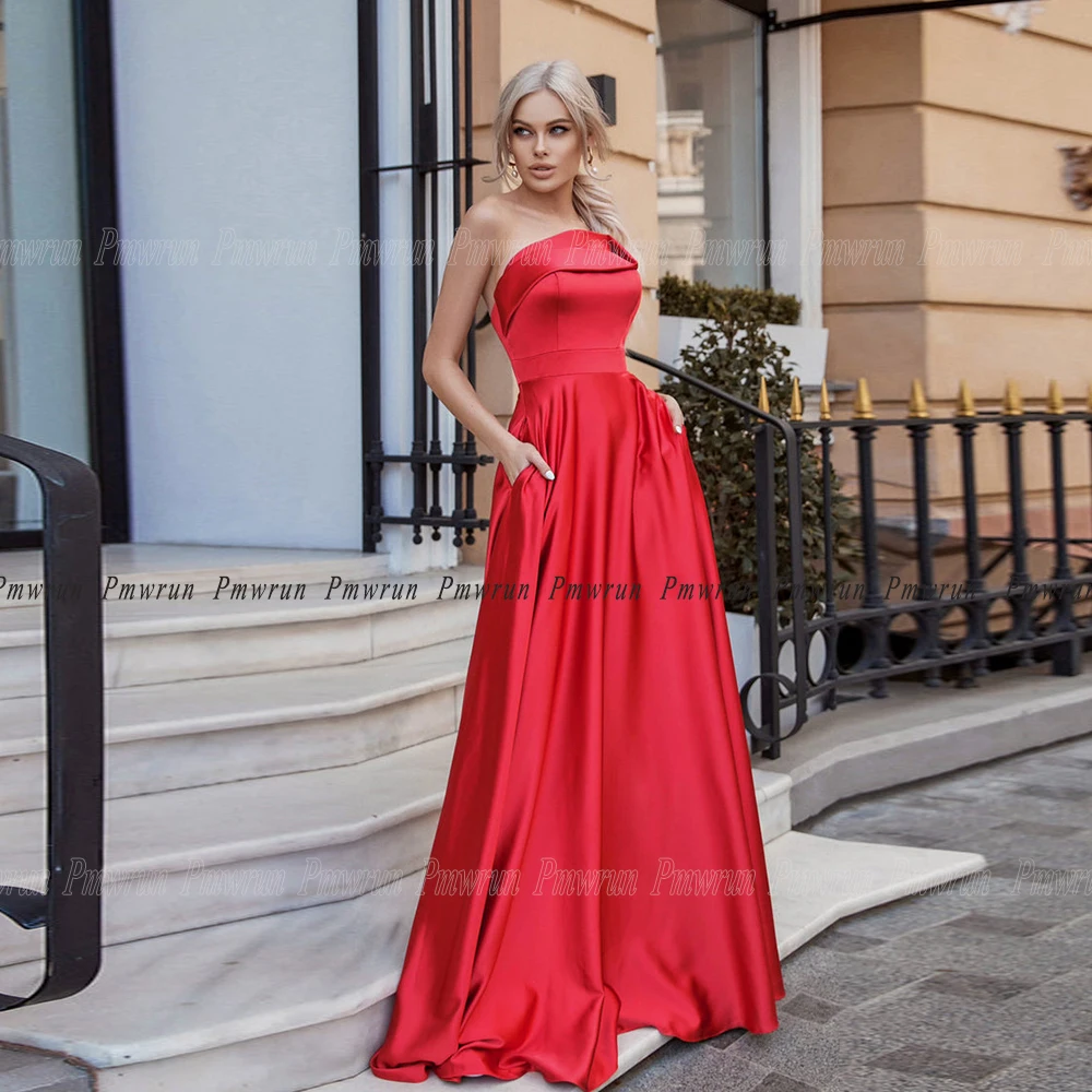 Vestidos de Noche formales sin tirantes para boda, Pocktes de satén con cremallera en la espalda, elegantes vestidos de invitados de fiesta, 2023