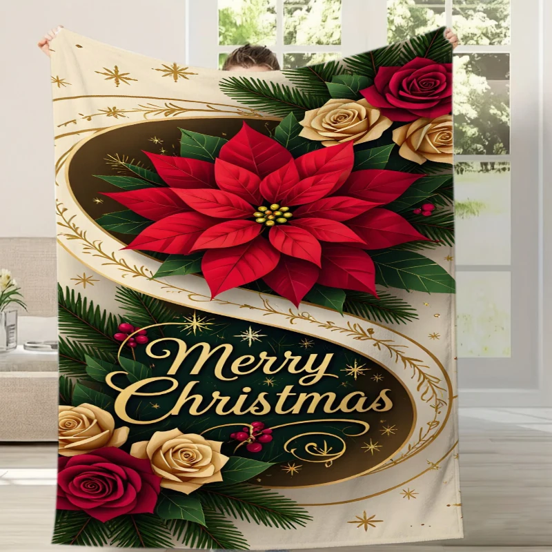 Poinsettia Rose Gold Trim Fleece Blanket For Sophisticated Bedroom Decor Lightweight Plush Throw Blanket Cover