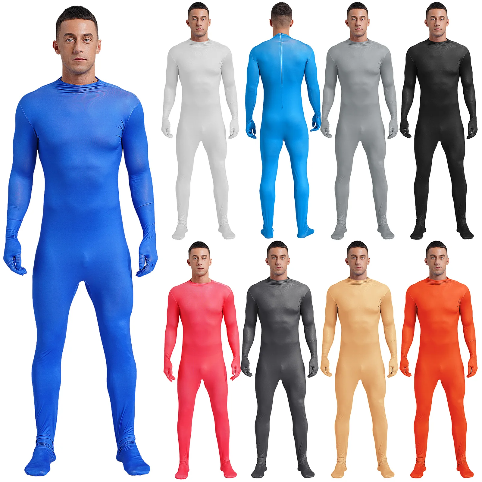 Men\'s Solid Color Mock Full Body Cover Zentai Full Fingers One Piece Footed Bodysuits Stretchy Dance Jumpsuits