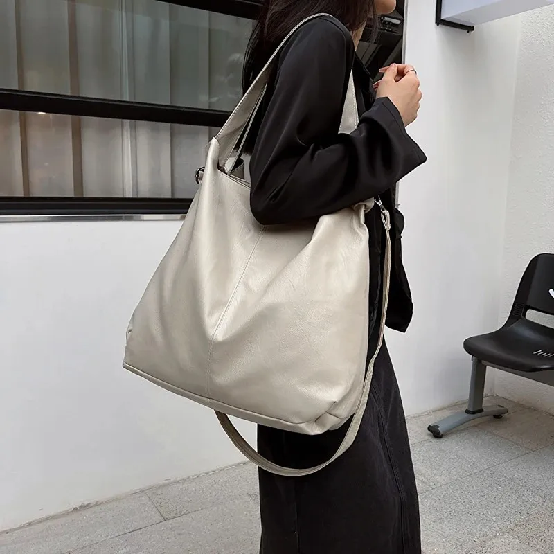 Big Pu Leather Tote Bags Women Korean Simple Large Capacity Shoulder Bag 2024 New Fashion Retro Travel Shopper Handbags Female