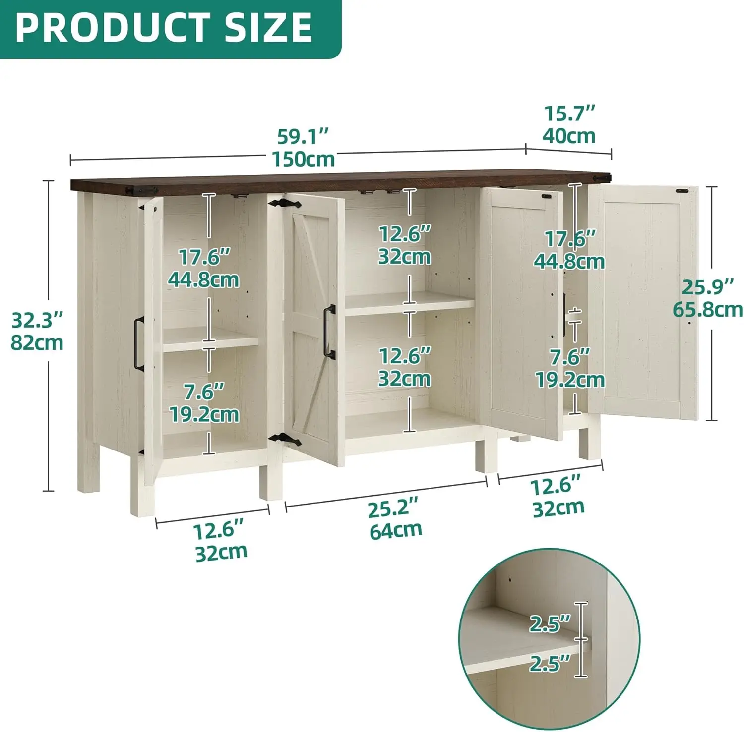 خزانة بوفيه جانبية للمزرعة مع مساحة تخزين، خزانة تخزين المطبخ مقاس 59 بوصة مع أرفف قابلة للتعديل لغرفة المعيشة، المدخل،