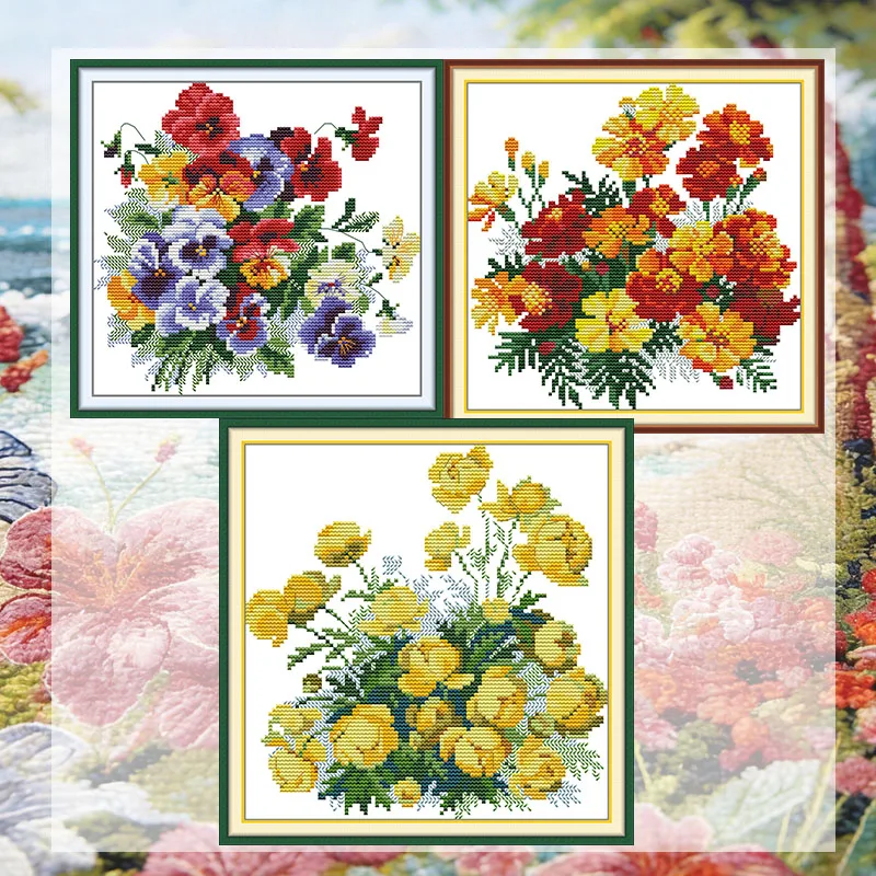 

Cross Stitch Kit for Adult 16CT 14CT 11CT Picture Printed Counted Yellow Rose Pansy DIY Embroidery Kit Home Decor Joy Sunday