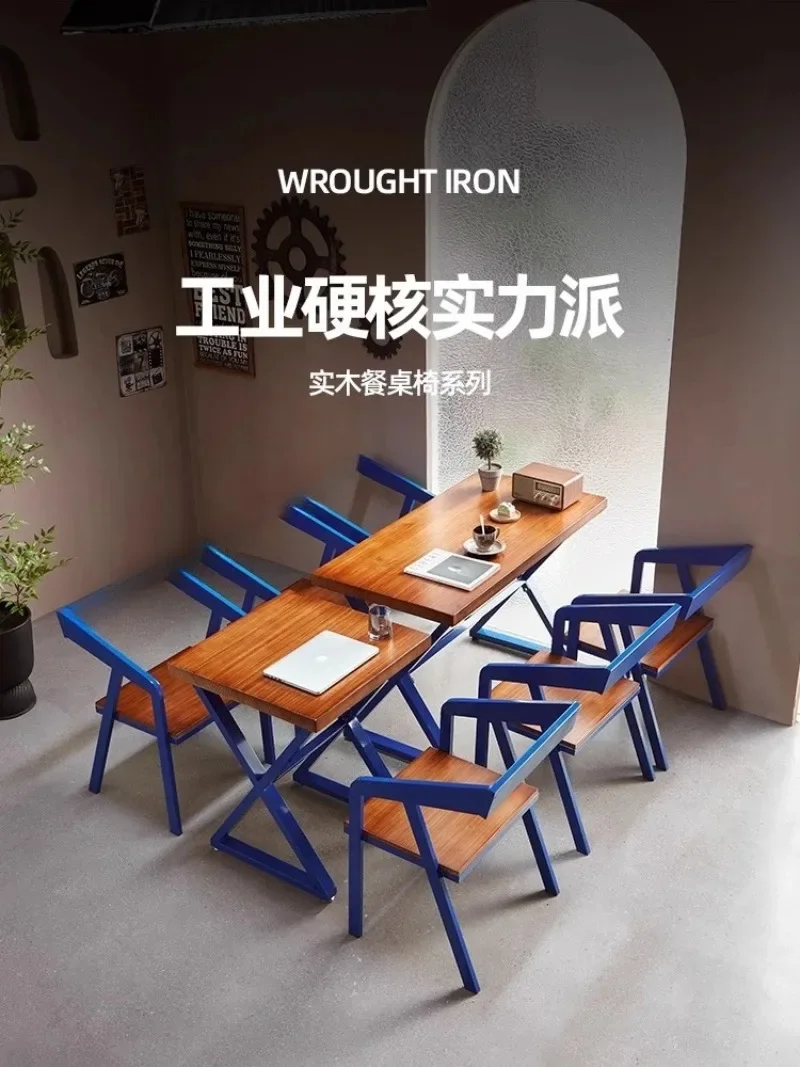 Industrial style wrought iron solid wood dining table and chair combination restaurant bar milk tea shop music bistro barbecue