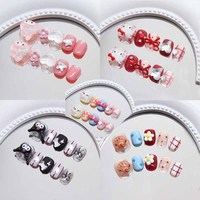 10Pcs Children Cartoon Kuromi Hello Kitty My Melody Press On Nails False Nails Manicure Short Round Head With Bowknot Fake Nails