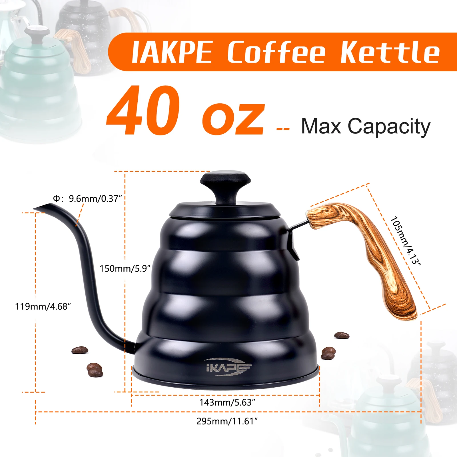 IKAPE Espresso Pour Over Coffee Kettle, Gooseneck Tea Kettle, 40 oz with Thermometer, Premium Stainless Steel Kettle Body, Black