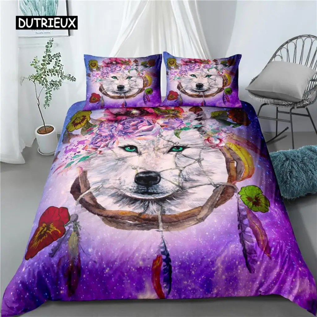 

Animal Dream Catcher Duvet Cover Set White Wolf Purple Feather Bedding Set Microfiber 2/3pcs Comforter Cover For Kids Teen Adult