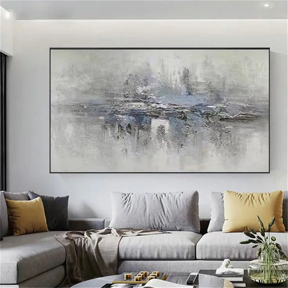 Abstract Landscape Wall Art Canvas Painting Grey Thick Oil Texture Oil Paintings Large Horizontal Hang Picture Decor Living Room