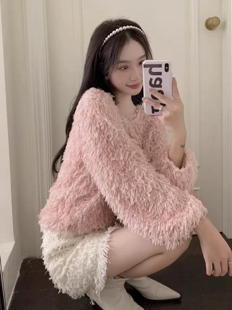 Fluffy Sweaters Women Sweet Loose Autumn Winter Tassel Fairycore Korean Style Streetwear O-neck Aesthetic Exquisite Prevalent