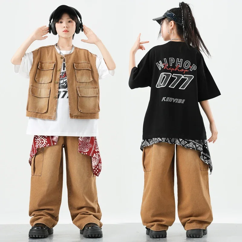 Meninos hip hop denim colete solto carga calças jeans meninas dança de rua corredores crianças jazz k-pop conjuntos de roupas crianças streetwear