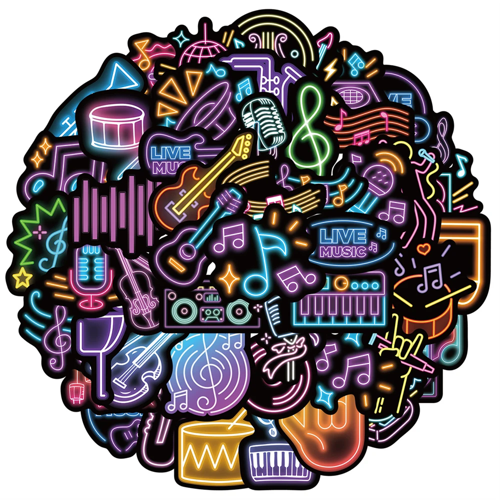 Neon Music Stickers 10/25/50Pcs Rock Musical Instrument Waterproof Vinyl Decals DIY Decor for Laptop Water Bottle Guitar Luggage