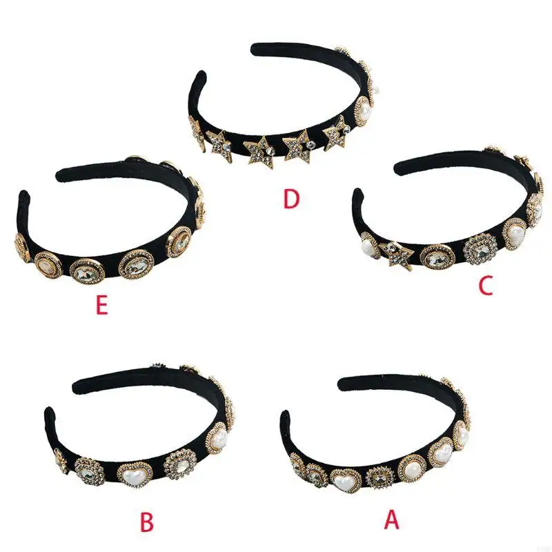 

49MF Vintage Women Headband Geometric Pearl Multilayers for Rhinestone Hair Ho