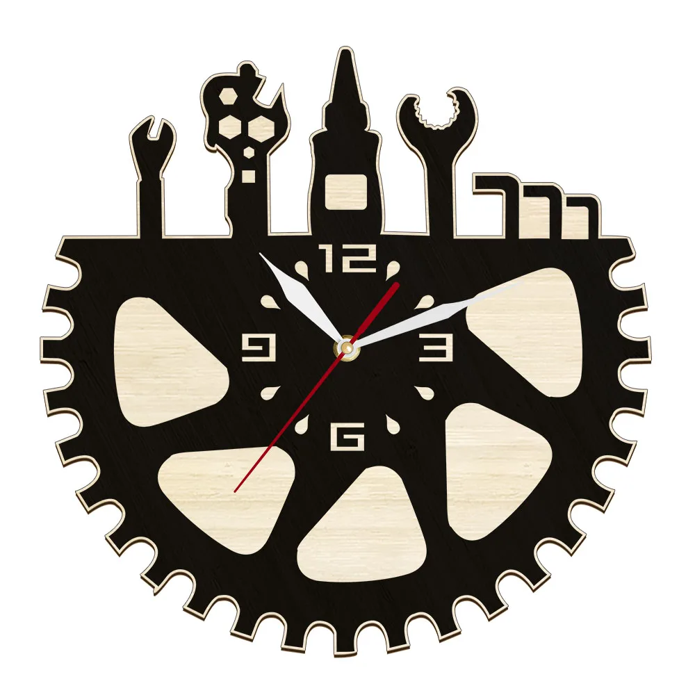 Garage Tools Gear Laser Cut Dual Layers Wood Wall Clock For Work Shop Car Repair Service Decor Mechanic Sign Rustic Wall Watch