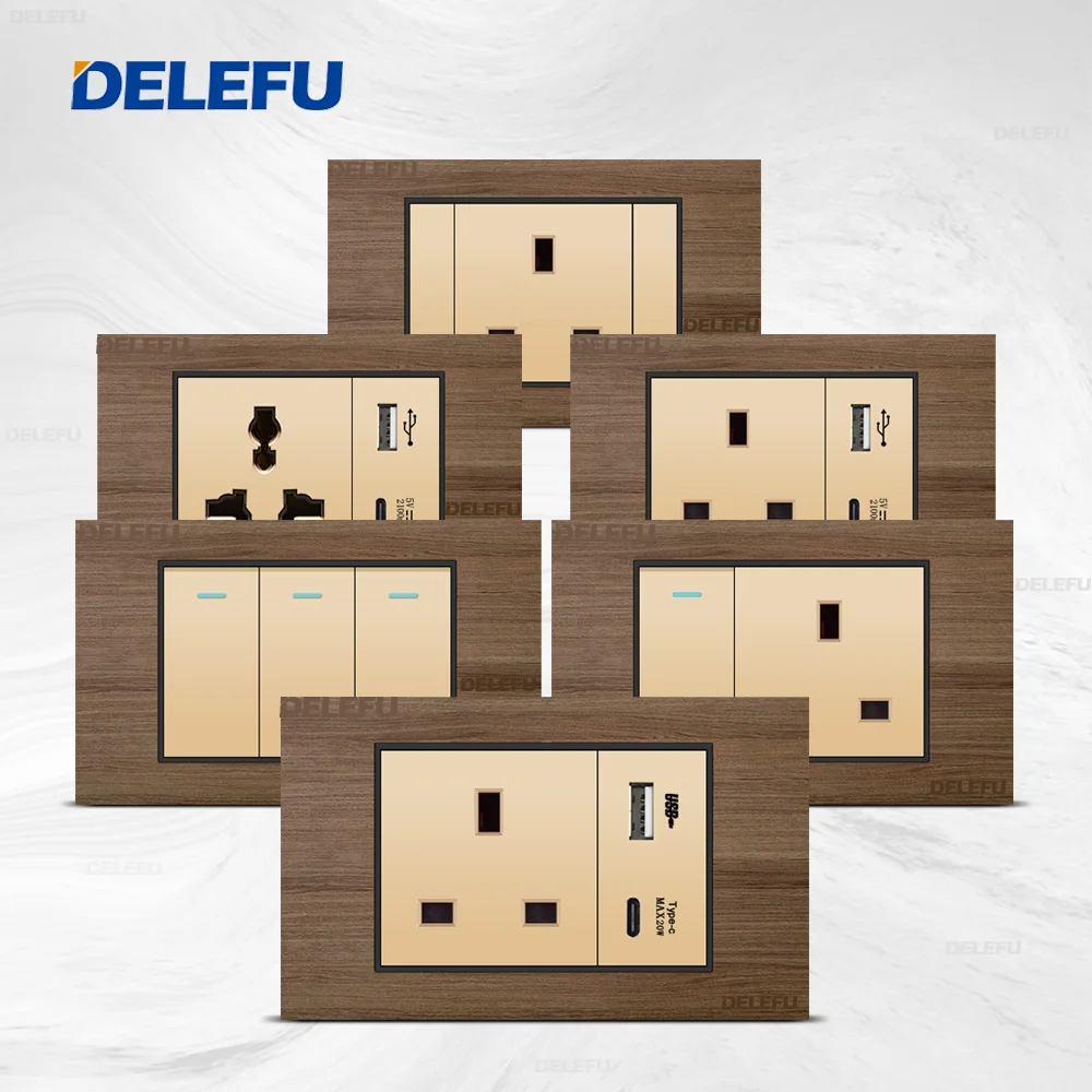 DELEFU Wall Switch Power Socket Switch USB-C Gold function key Imitation wood grain panel UK series