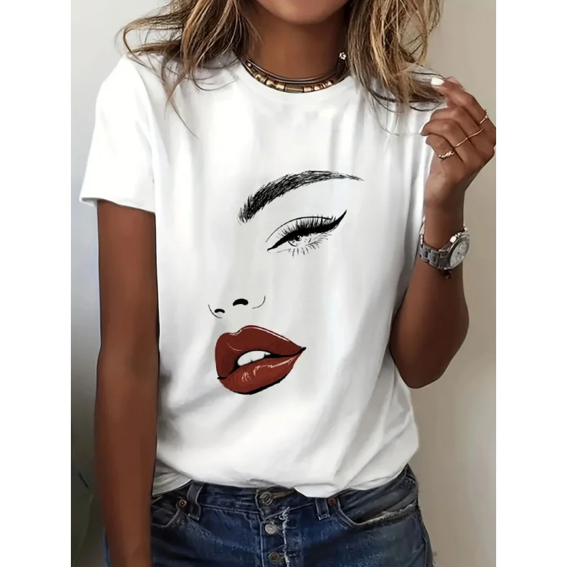 

Women's newTT-shirt Autumn Short Sleeve Fashion Printed White Round Neck Base Shirt Casual Top
