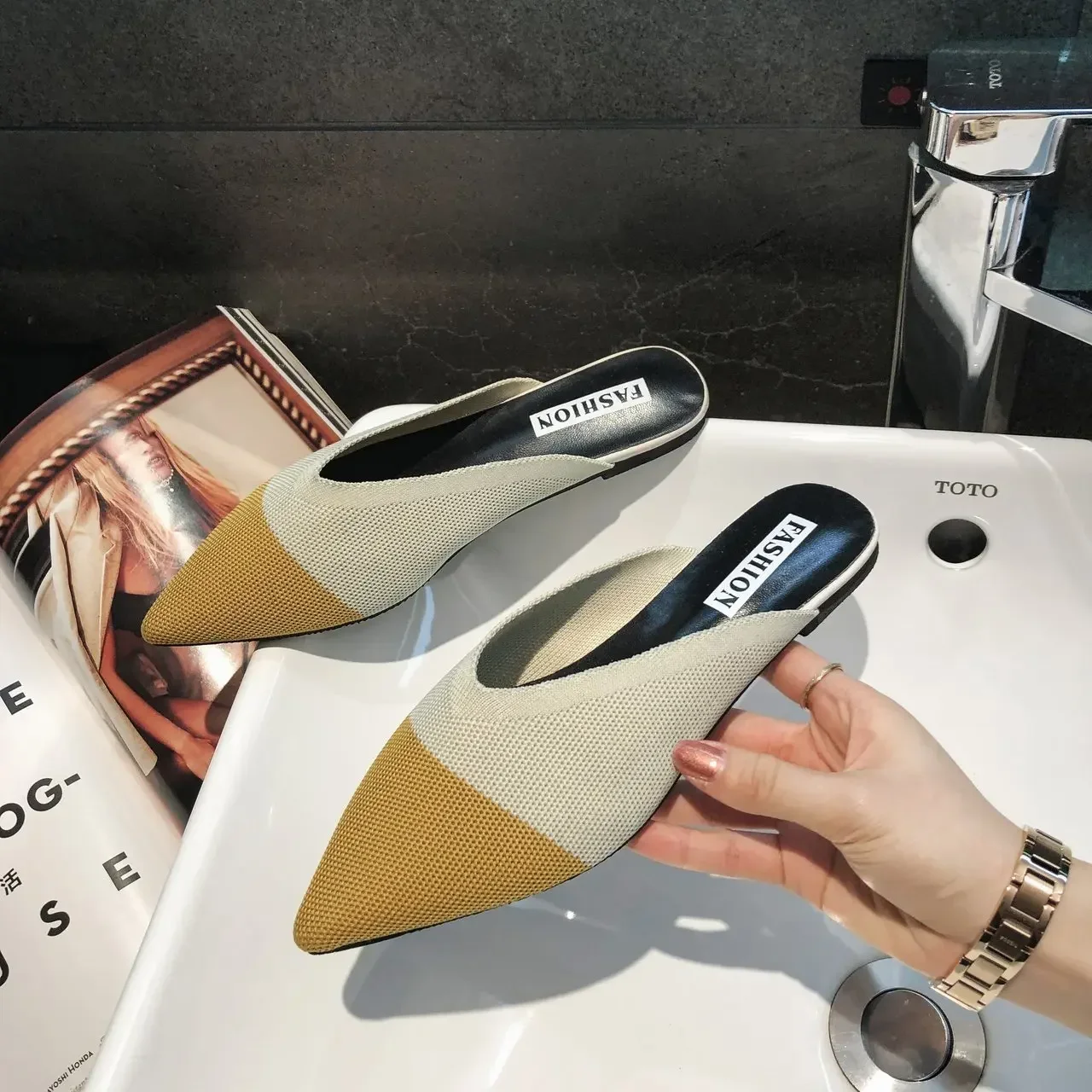 2023 Slippers Women Fashion Knitting Pointed  Half Slides Mules Loafers Casual Slipper Female Summer Shoes Flat Sandals