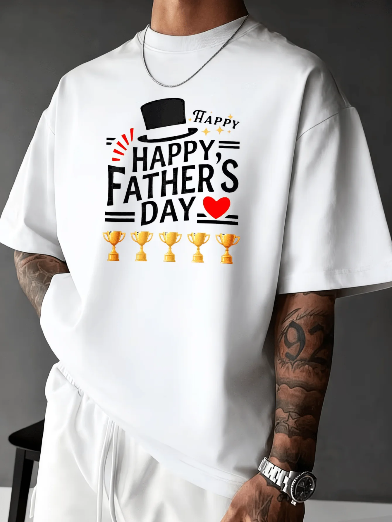 Mens Happy Fathers Day Trophy Heart Graphic T Shirt Best Dad Letter Print Short Sleeve Crew Neck Casual Cotton Male Daily Tee