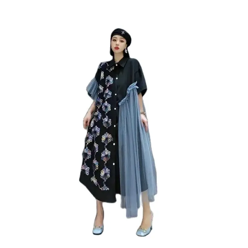 Robe chemise longue d'été pour femmes, grande taille, nouvelle mode, ample, décontractée, boutons, gaze, jonction ensemble, jupe noire, un mot, 2025