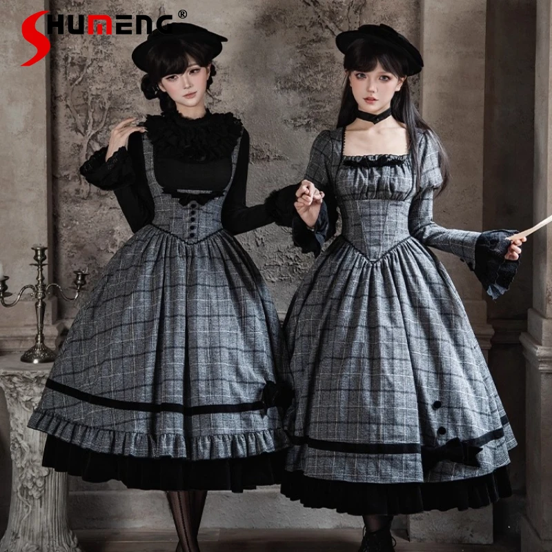 Japonais Lolita doux mignon Plaid arête de poisson poitrine soutien OP robe double vêtements 2025 automne Rojita minceur robes taille haute